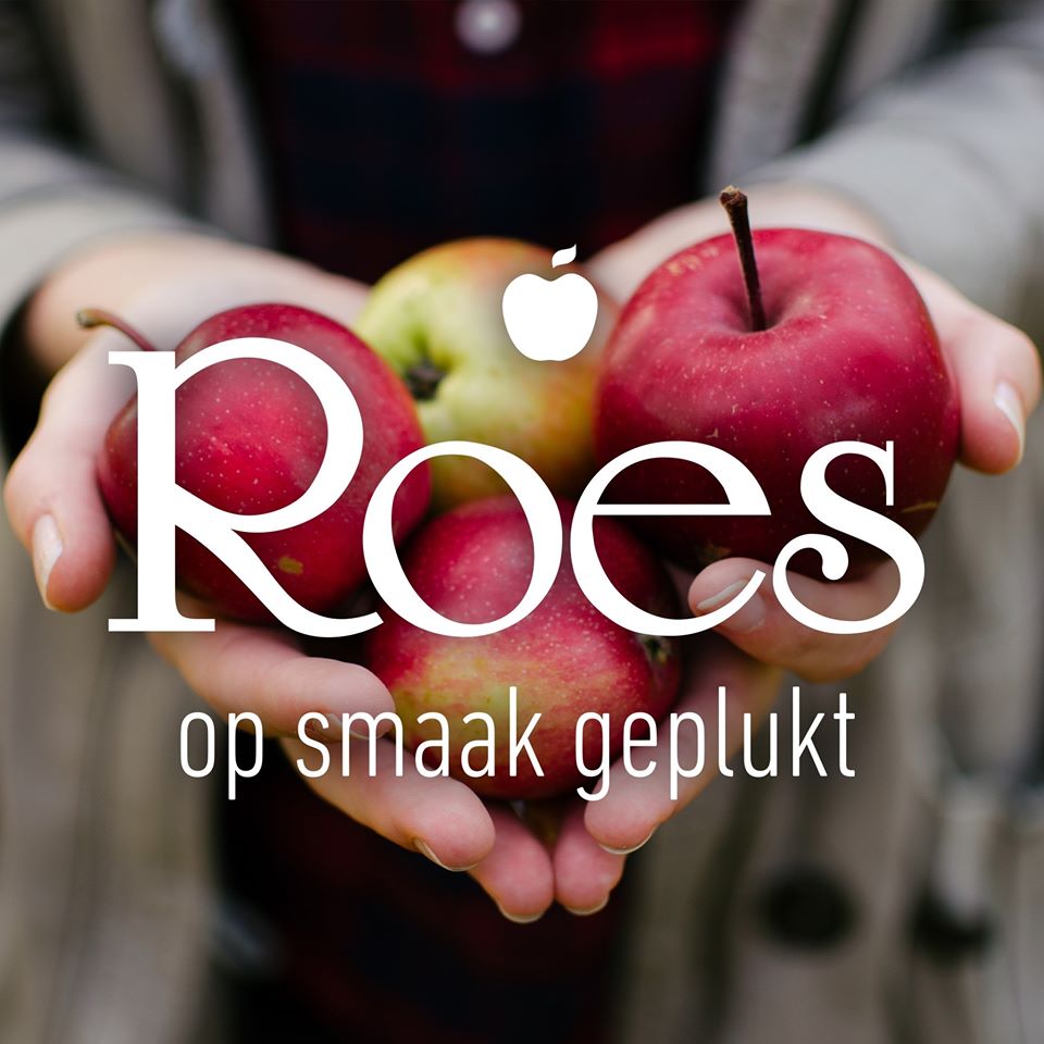 Het logo van Appelen Roes. Twee uitgestoken handen met appelen met daarop de naam van Appelen roes en de tekst "Op smaak geplukt"